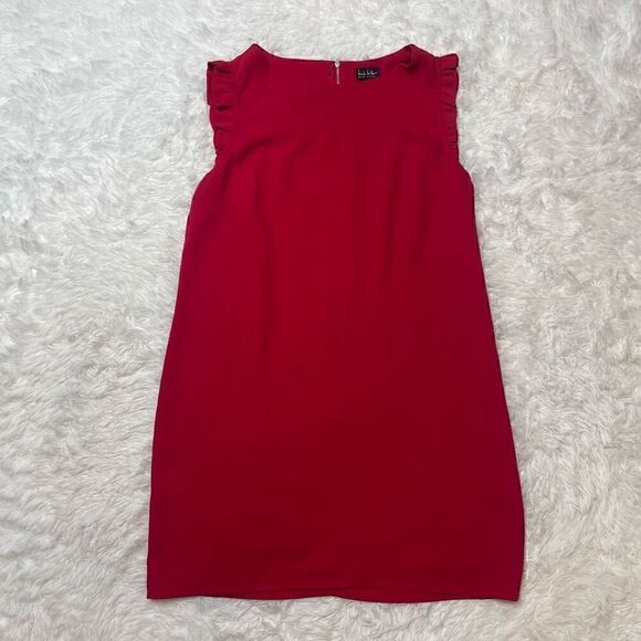 Nicole Miller Red Shift Dress Ruffle Cap Sleeves Size 12 Mini Lightweight - Picture 2 of 10